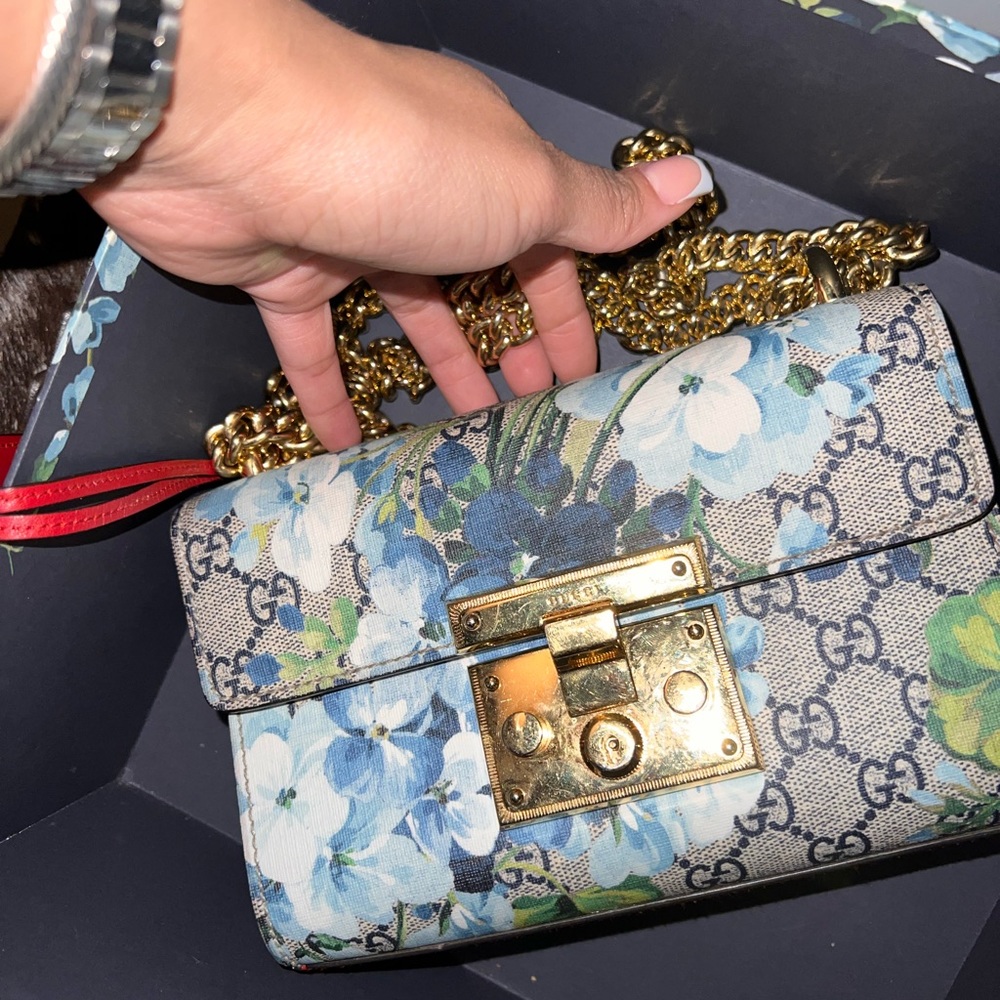 Gucci Bloom Blue Padlock Print GG Coated Canvas Shoulder Bag